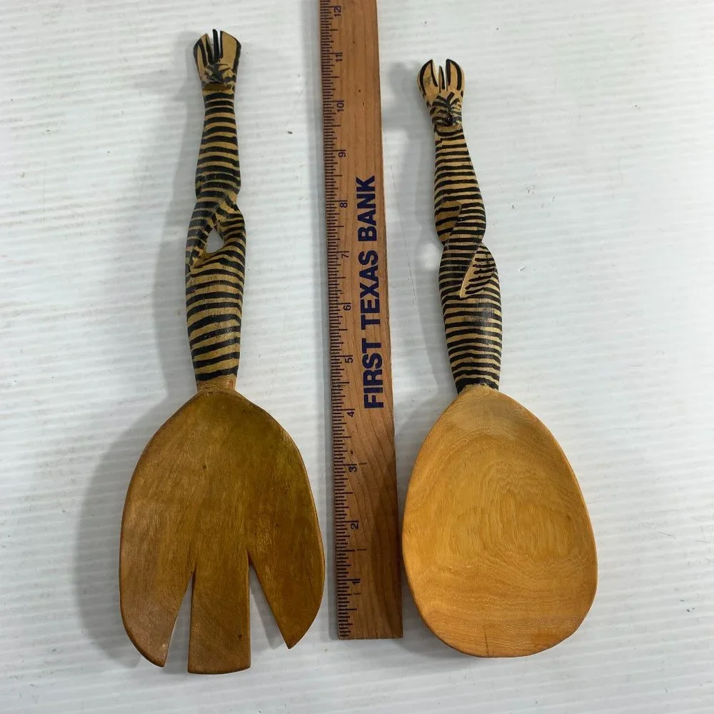 Wooden Hand Carved Kenya Zebra Salad Servers Tongs Spoon Fork African Art Wood